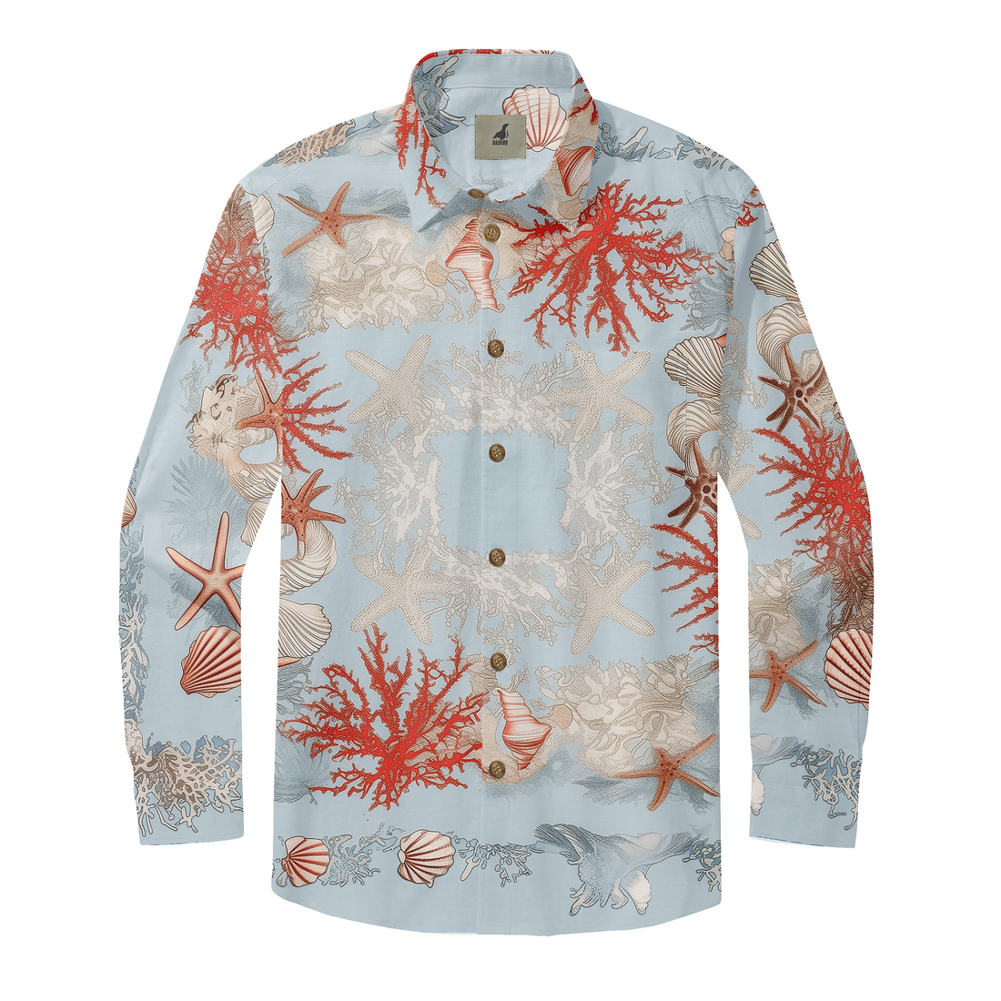 Light blue long-sleeve shirt with coral, starfish, and shell pattern.