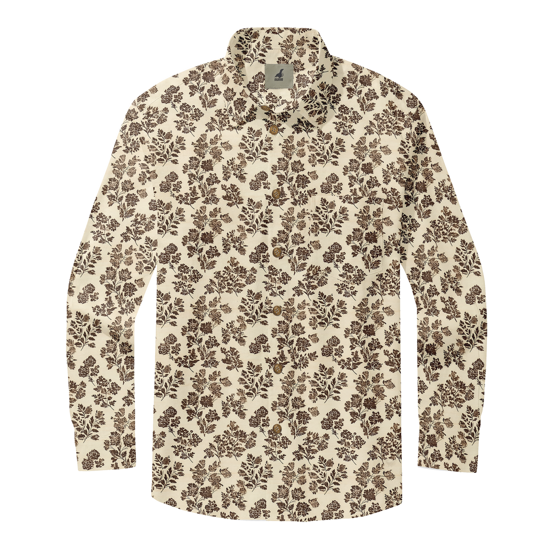Cream shirt with brown floral pattern, long sleeves.