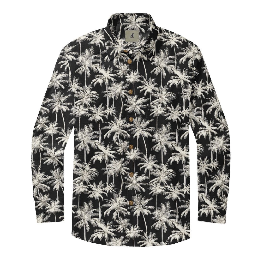 Black long-sleeve shirt with white palm tree print, button-down.