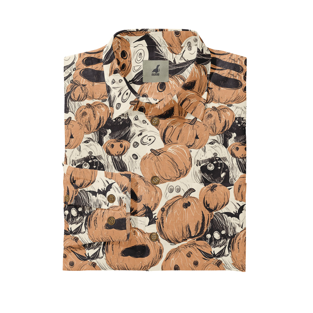 Halloween-themed shirt with pumpkin and ghost print, featuring.