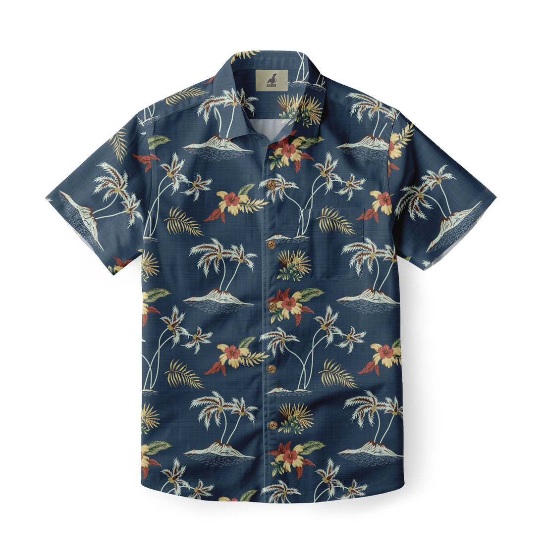 Blue Hawaiian shirt with palm trees and flowers.