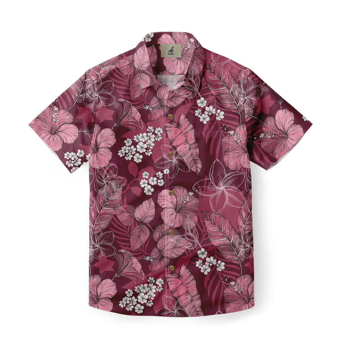 Red floral Hawaiian shirt with pink flowers and white details.