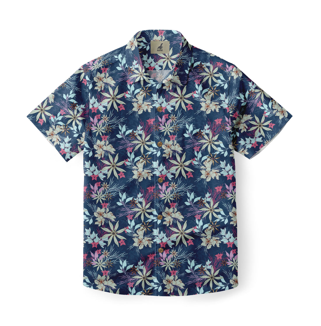 Blue floral short-sleeve shirt with white and pink flowers.