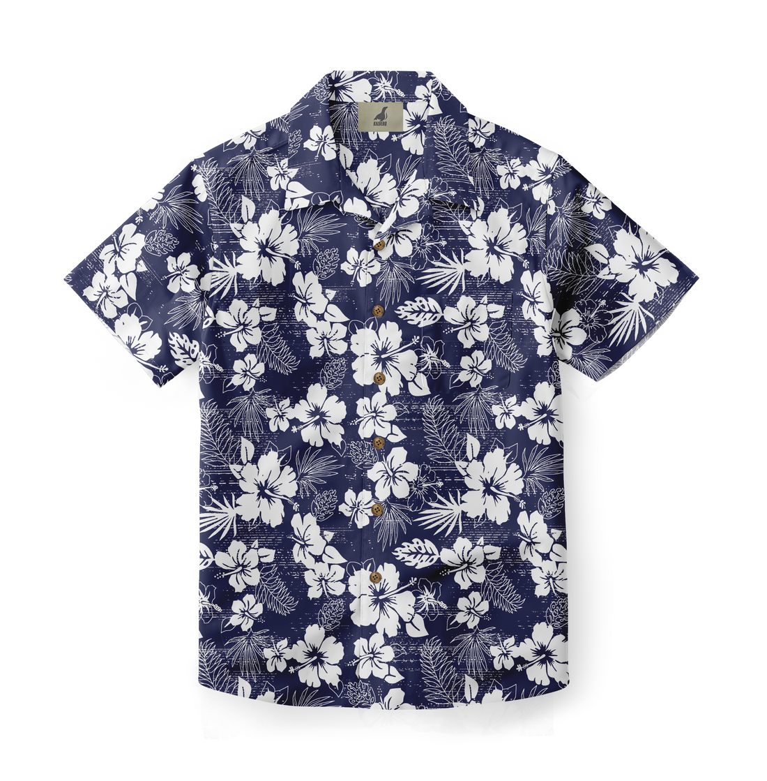 Navy blue shirt with white floral pattern.