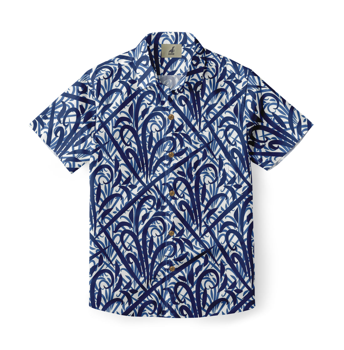 Blue and white patterned short-sleeve button-up shirt.
