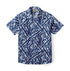 Blue and white patterned short-sleeve button-up shirt.