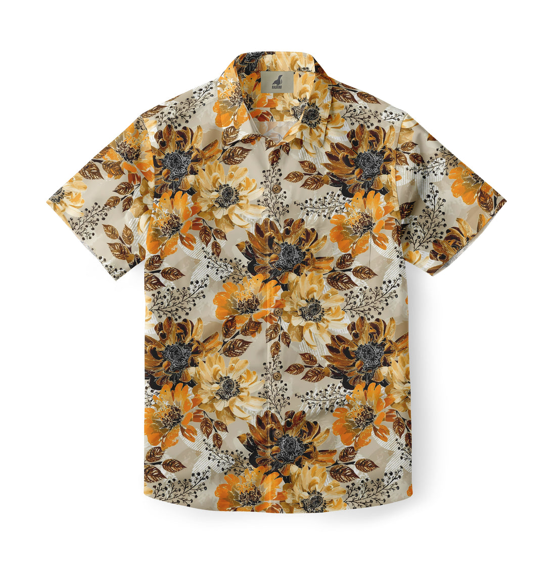 Beige short-sleeve shirt with orange and brown floral pattern.