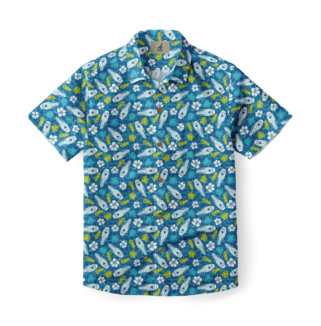 Blue shirt with white surfboards, yellow leaves, and flowers.