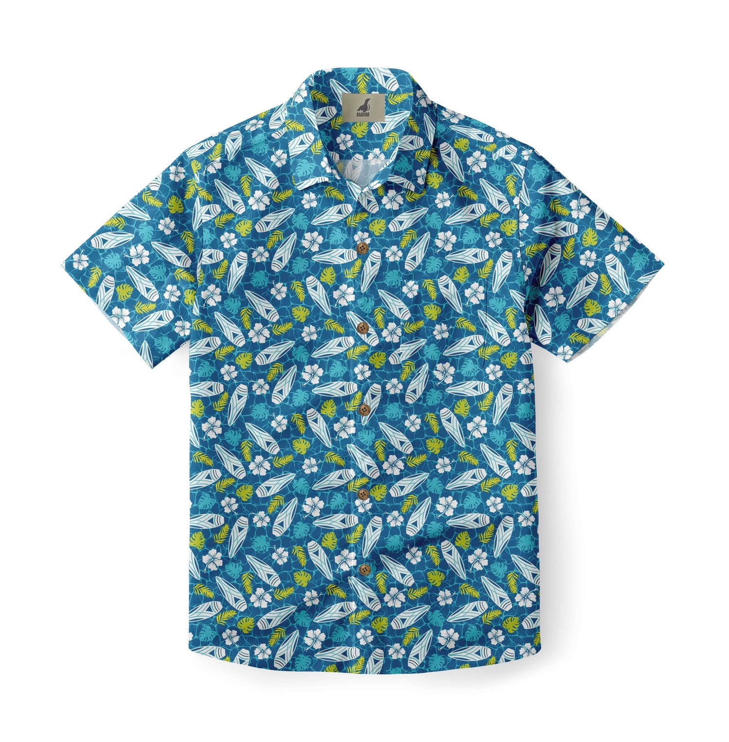 Blue shirt with white surfboards, yellow leaves, and flowers.