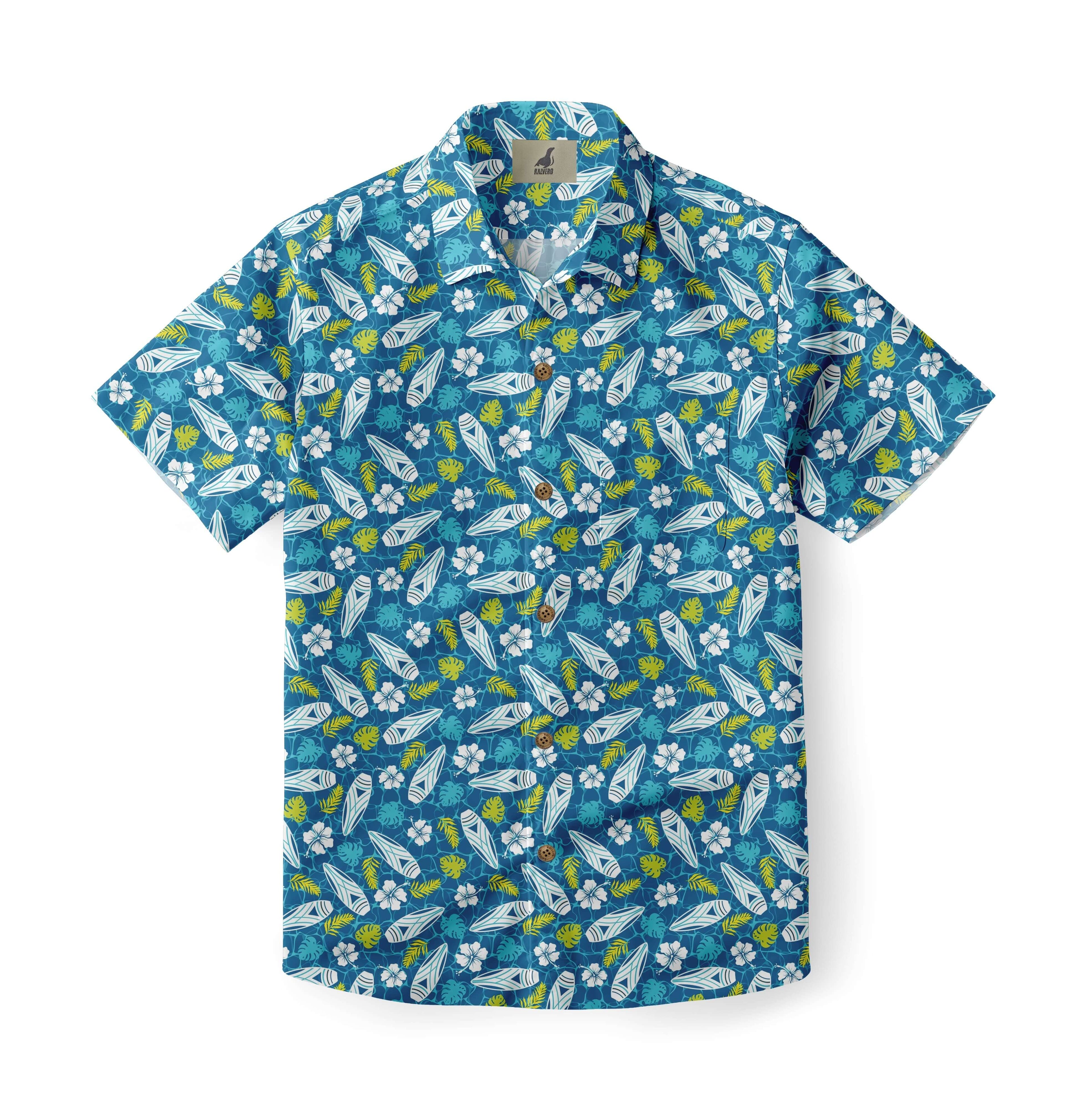 Blue shirt with white surfboards, yellow leaves, and flowers.