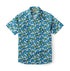Blue shirt with white surfboards, yellow leaves, and flowers.