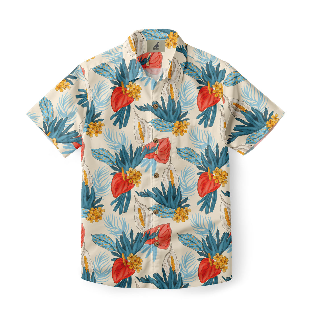 Beige shirt with blue leaves, red flowers, and yellow accents.