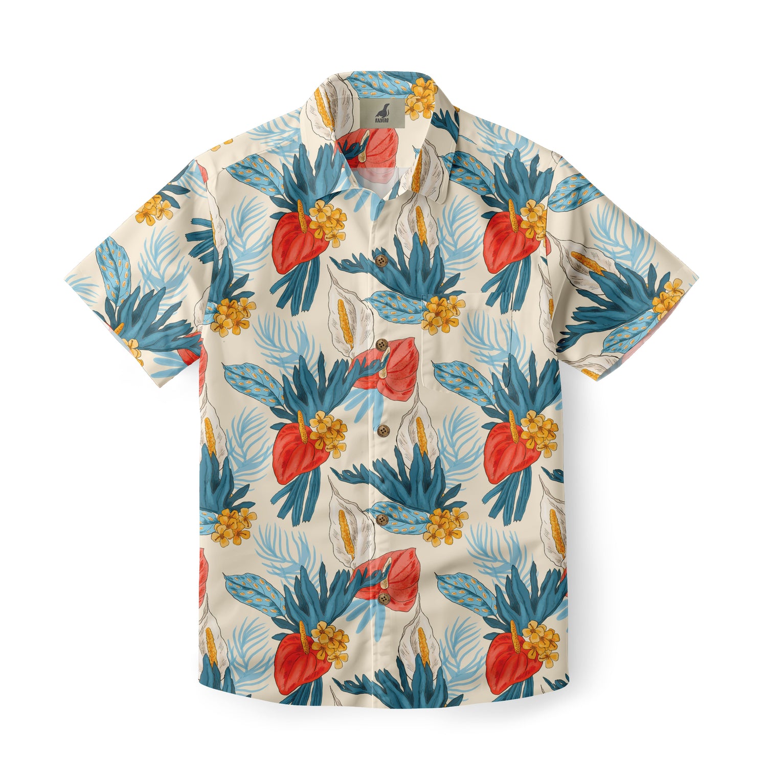 Beige shirt with blue leaves, red flowers, and yellow accents.