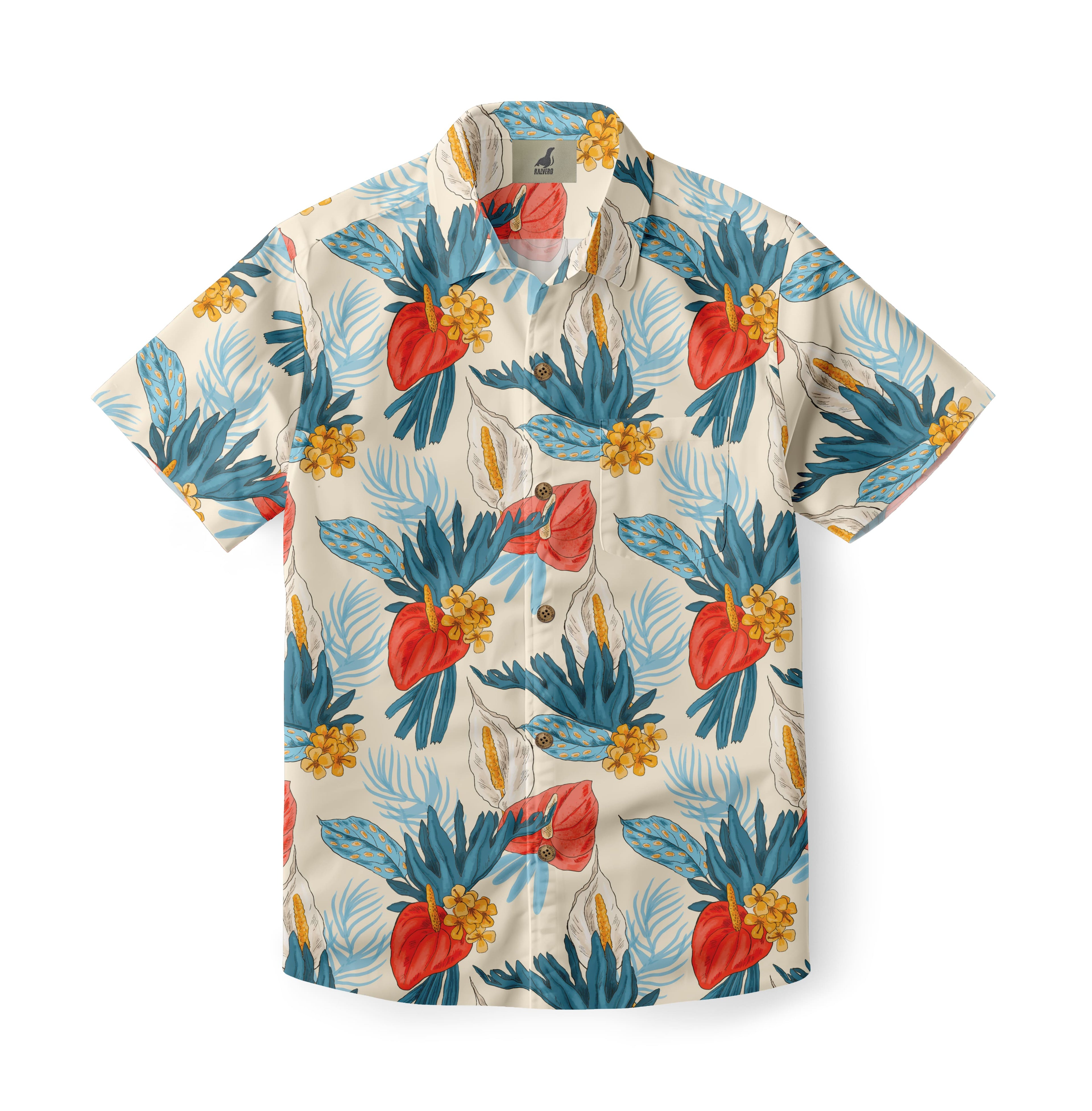 Beige shirt with blue leaves, red flowers, and yellow accents.