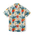 Beige shirt with blue leaves, red flowers, and yellow accents.
