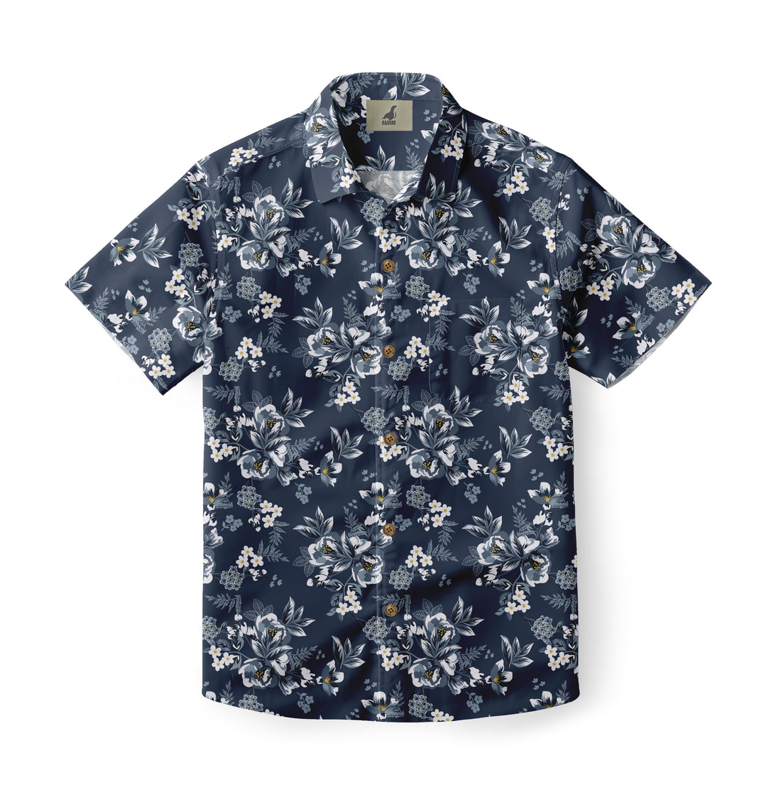 Navy blue short-sleeve shirt with white floral pattern.