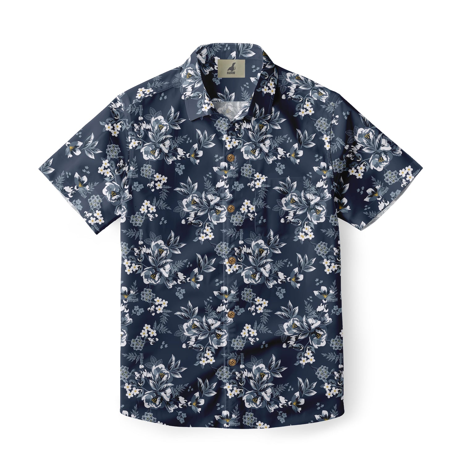 Navy blue short-sleeve shirt with white floral pattern.