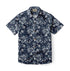 Navy blue short-sleeve shirt with white floral pattern.