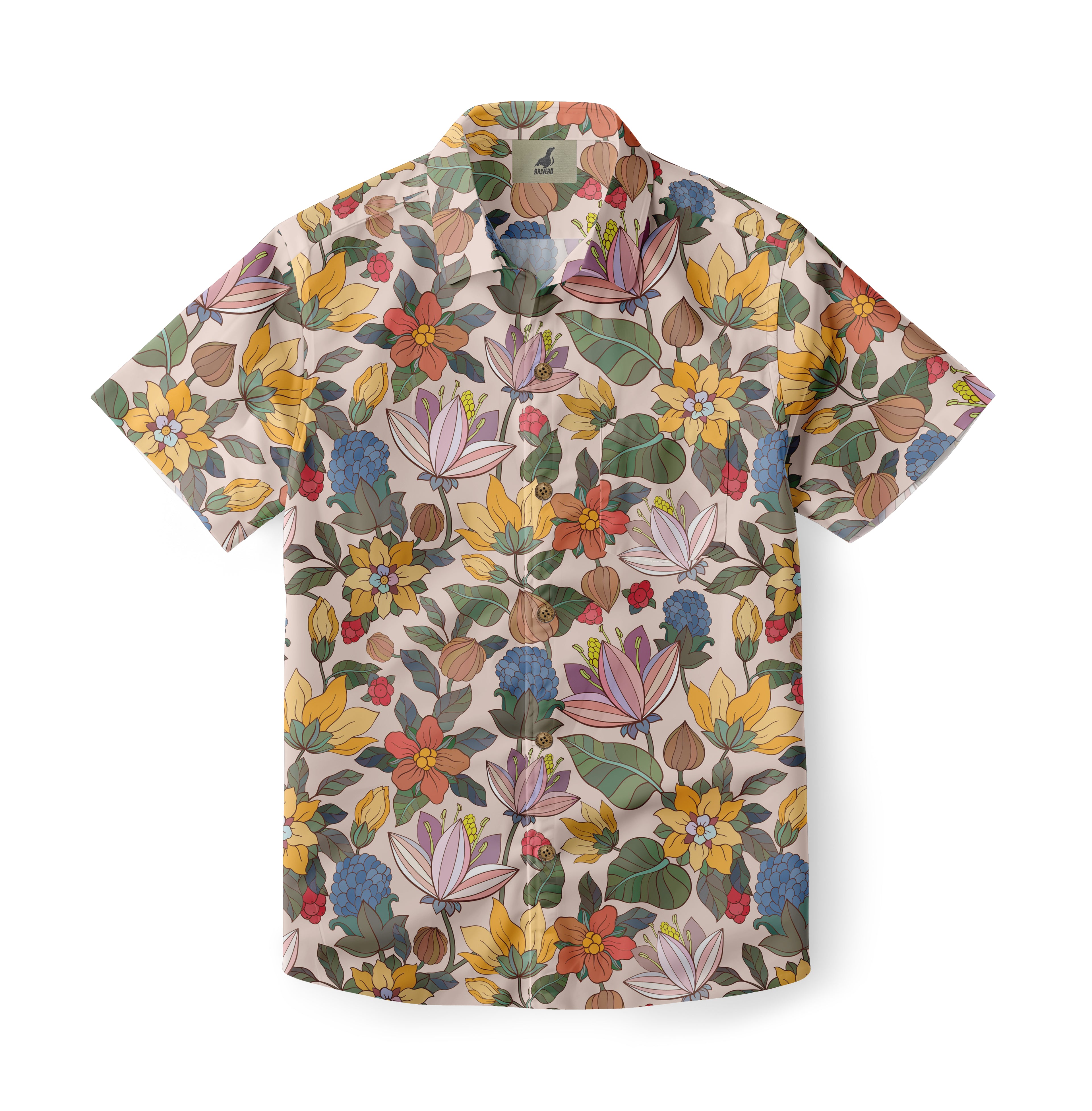 Beige short-sleeve shirt with colorful floral pattern.