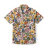 Beige short-sleeve shirt with colorful floral pattern.