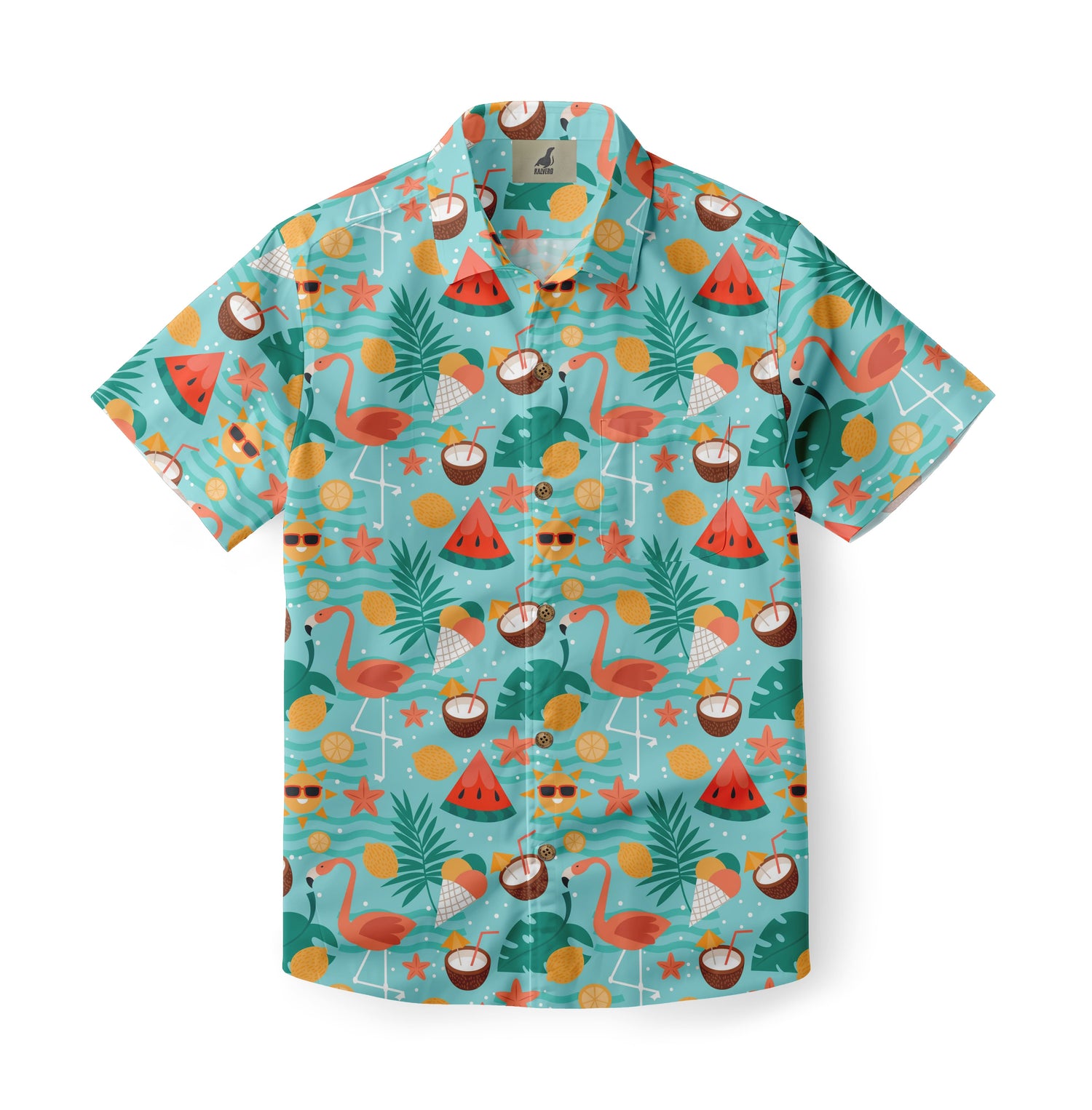 Tropical shirt with flamingos, coconuts, watermelon, and palm leaves.