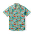 Tropical shirt with flamingos, coconuts, watermelon, and palm leaves.