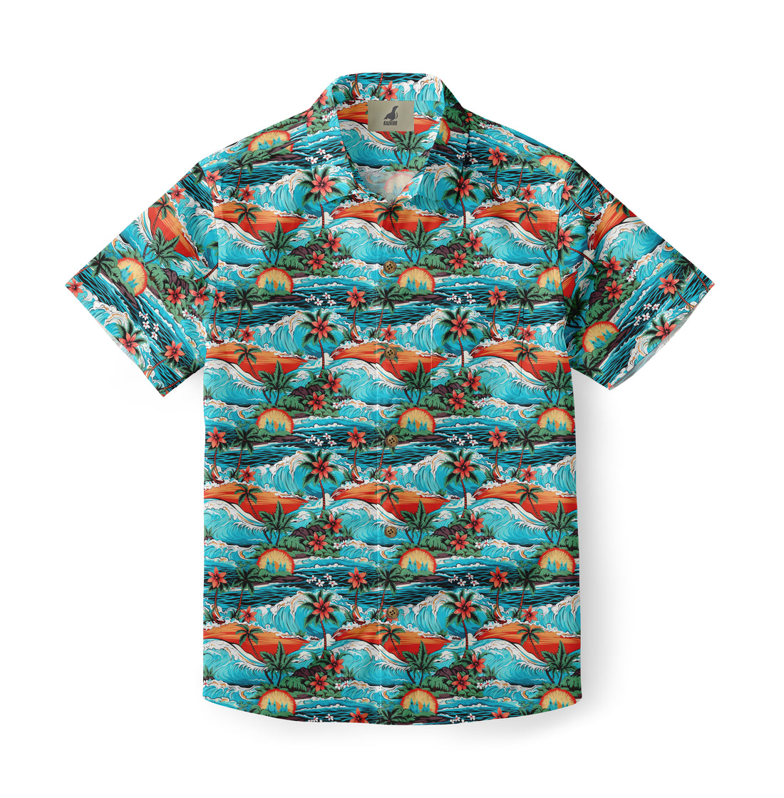 Vibrant tropical shirt with palm trees, flowers, and ocean waves.