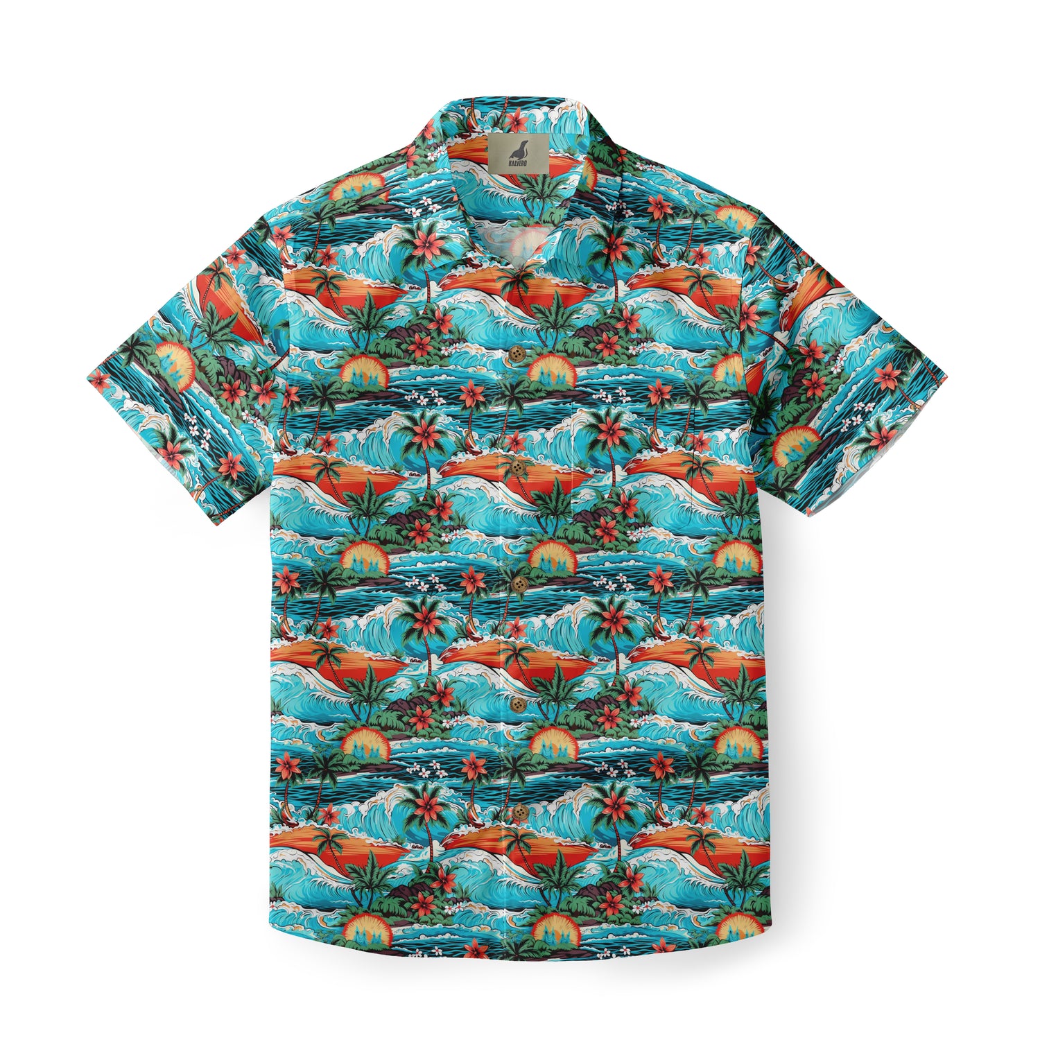 Vibrant tropical shirt with palm trees, flowers, and ocean waves.