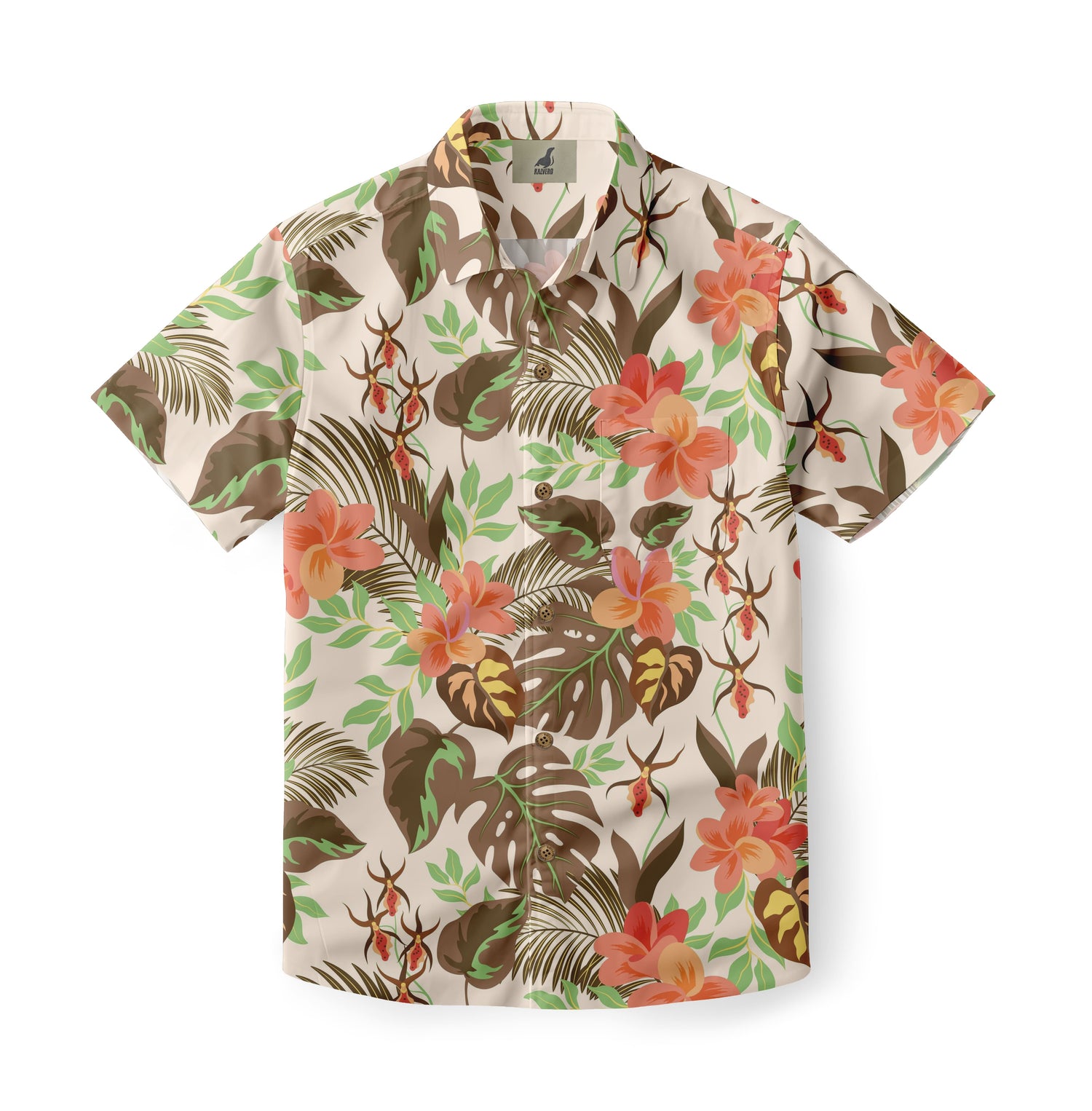 Beige shirt with tropical flowers and leaves print.