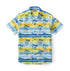 Yellow and blue striped shirt with palm trees and flowers.