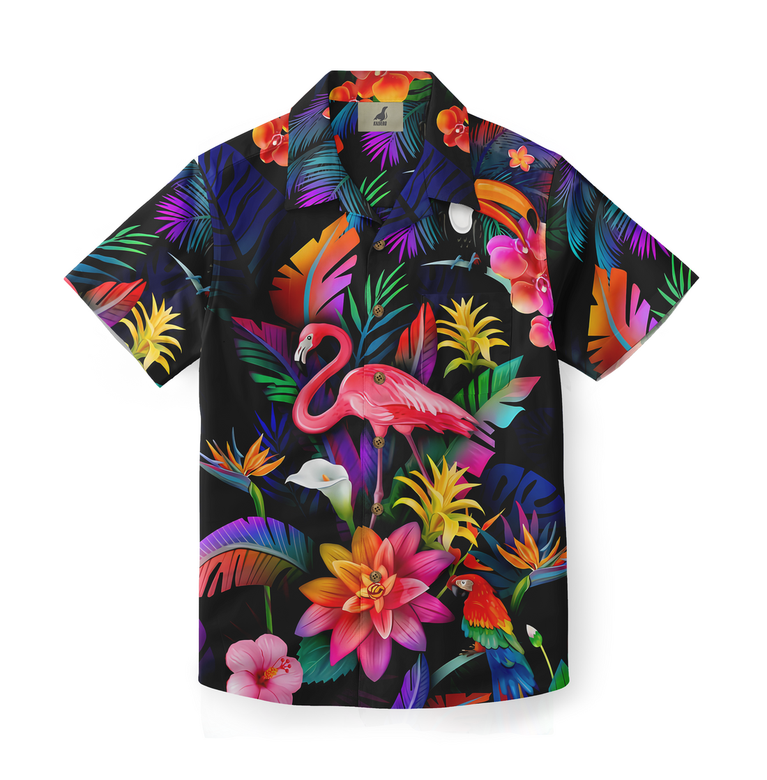 Vibrant tropical shirt with flamingo, parrot, and flowers design.
