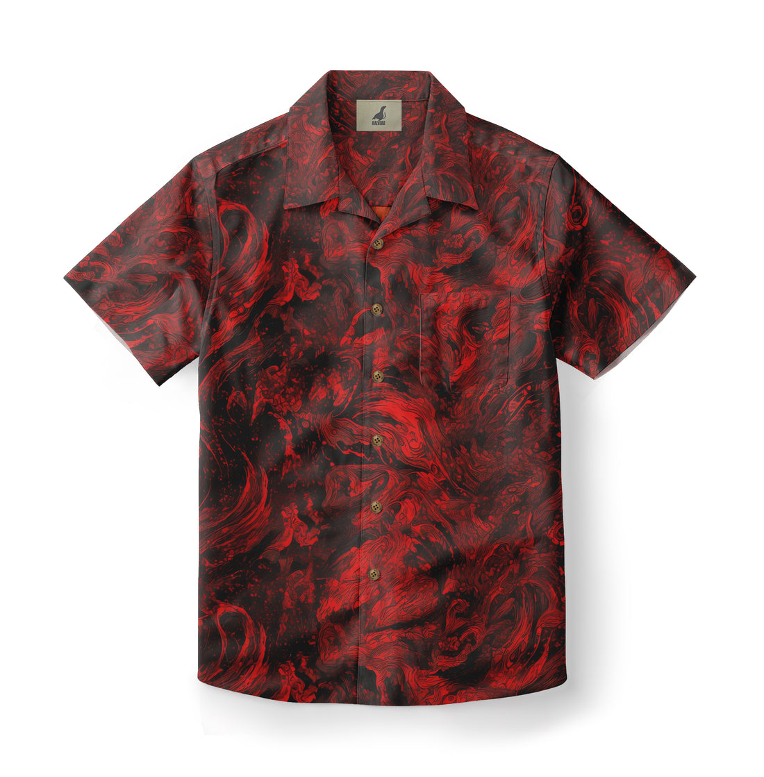 Red and black patterned short-sleeve button-up shirt.