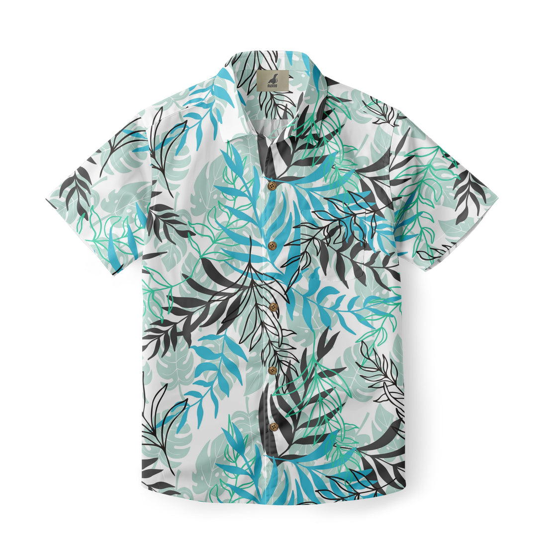 White shirt with blue and black leaf patterns.