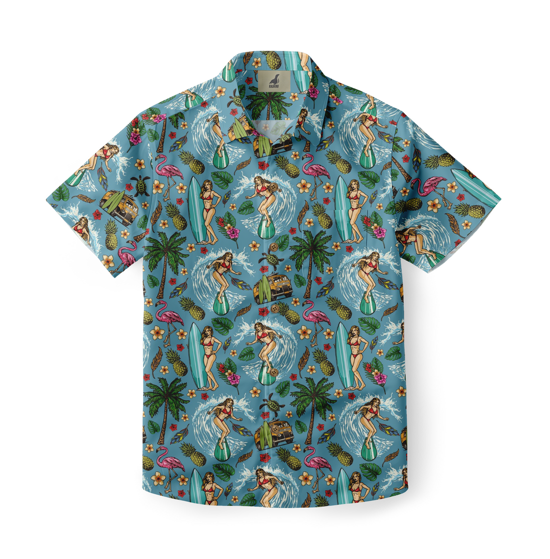 Blue Hawaiian shirt with surfers, palms, pineapples, and flamingos.