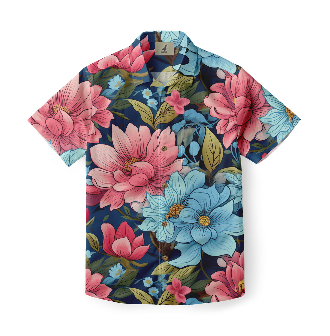 Blue shirt with pink and blue floral pattern.