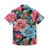 Blue shirt with pink and blue floral pattern.