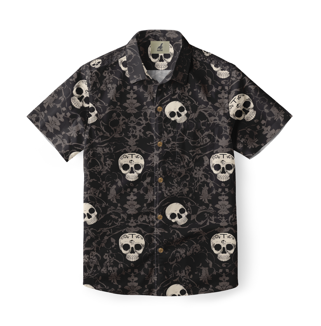 Black short-sleeve shirt with skull and floral pattern, featuring.