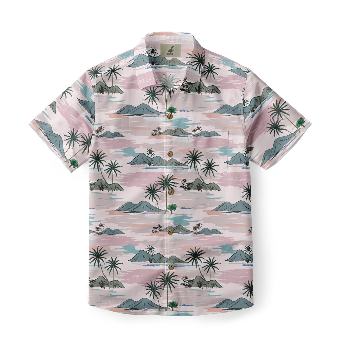 Pink shirt with palm trees and mountains pattern.