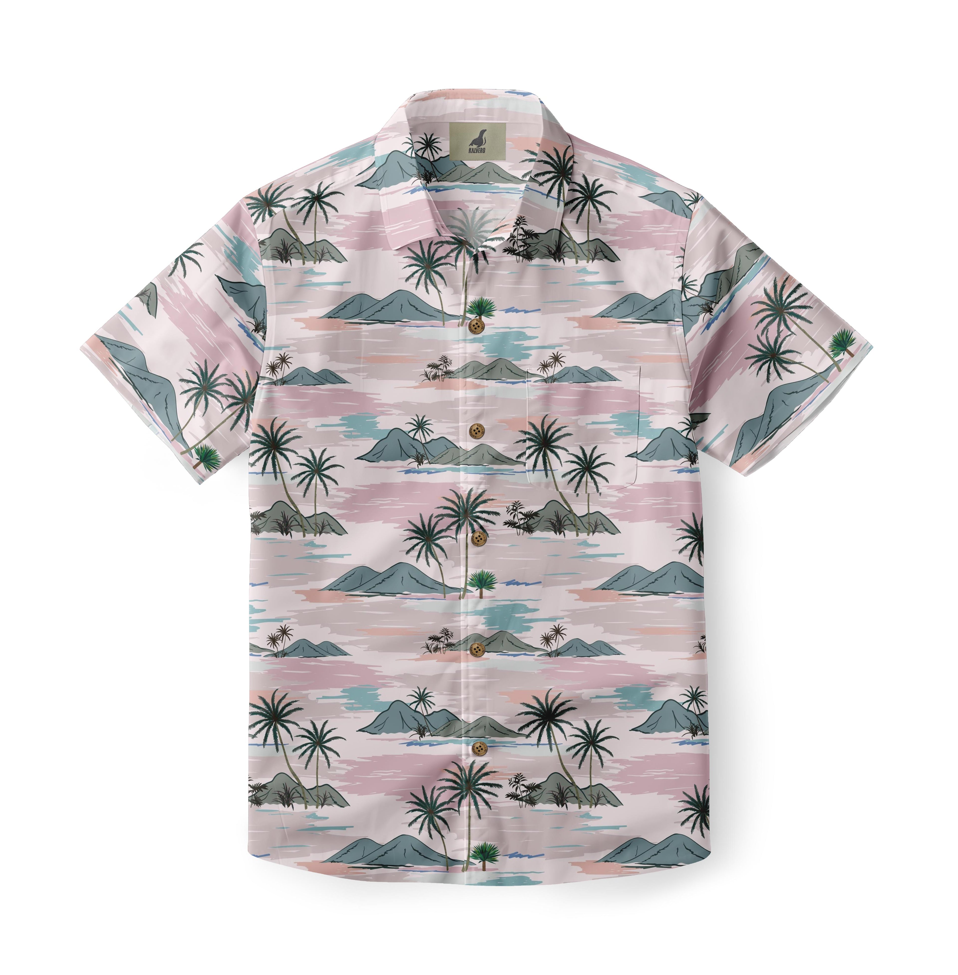Pink shirt with palm trees and mountains pattern.