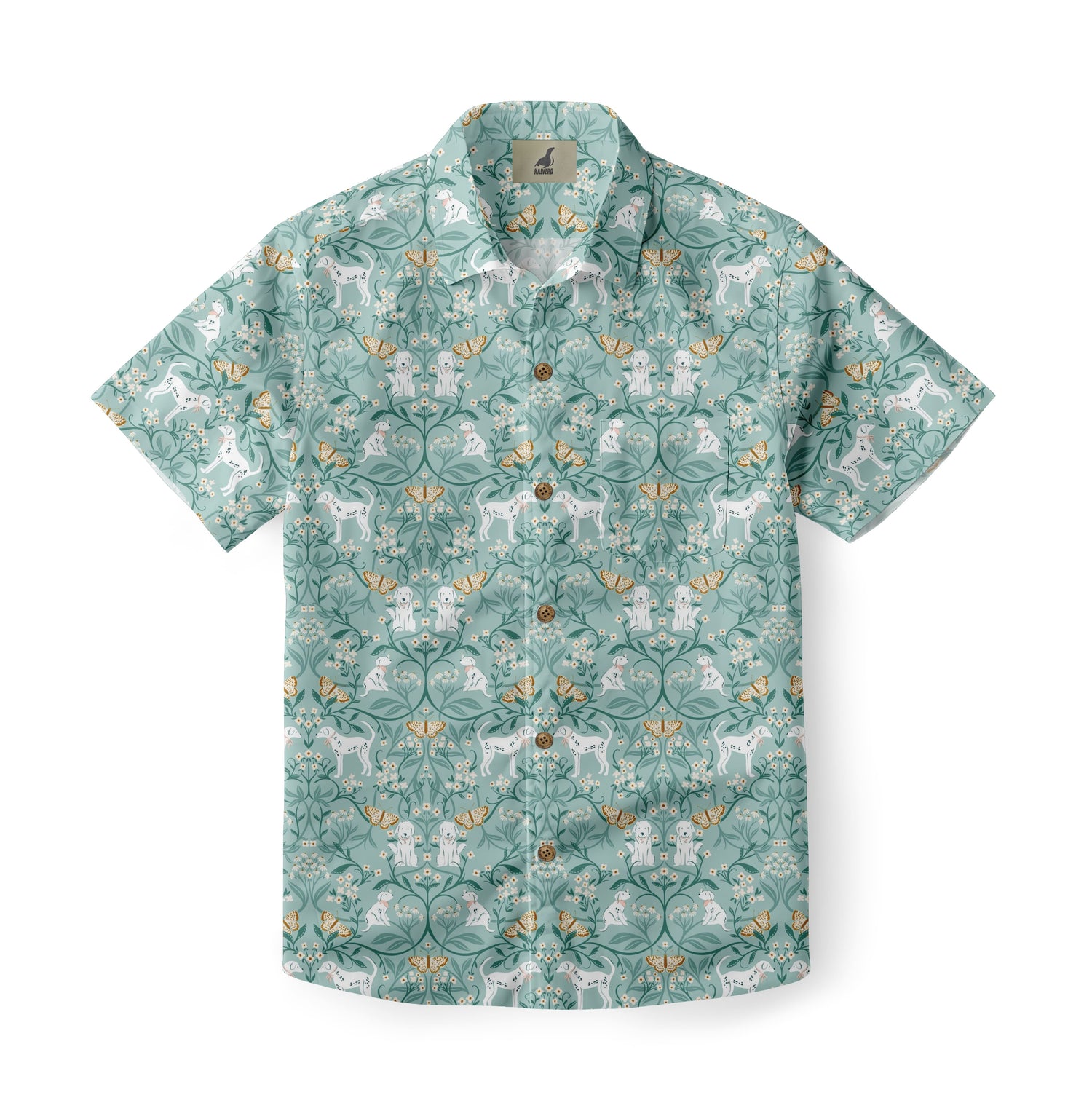 Teal shirt with white dogs, butterflies, and floral patterns.