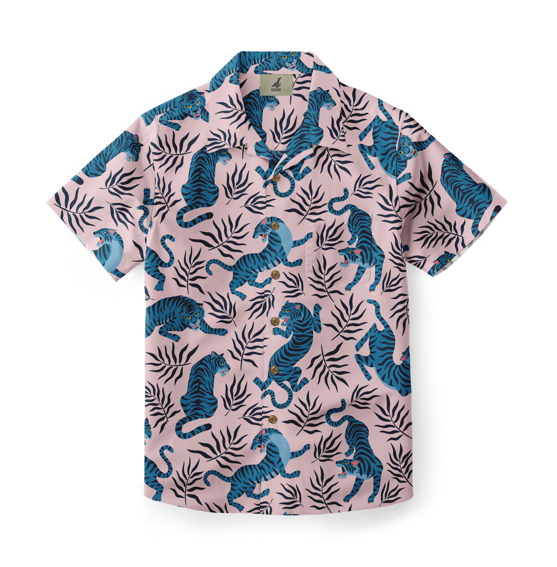 Pink shirt with blue tiger and leaf print.