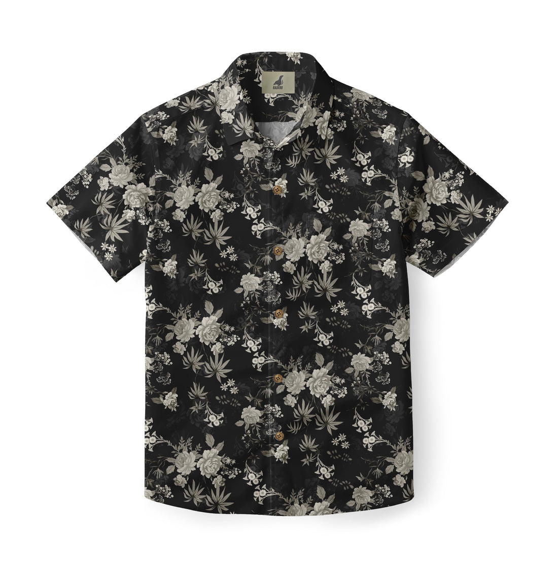 Black floral short-sleeve shirt with white and gray flowers.
