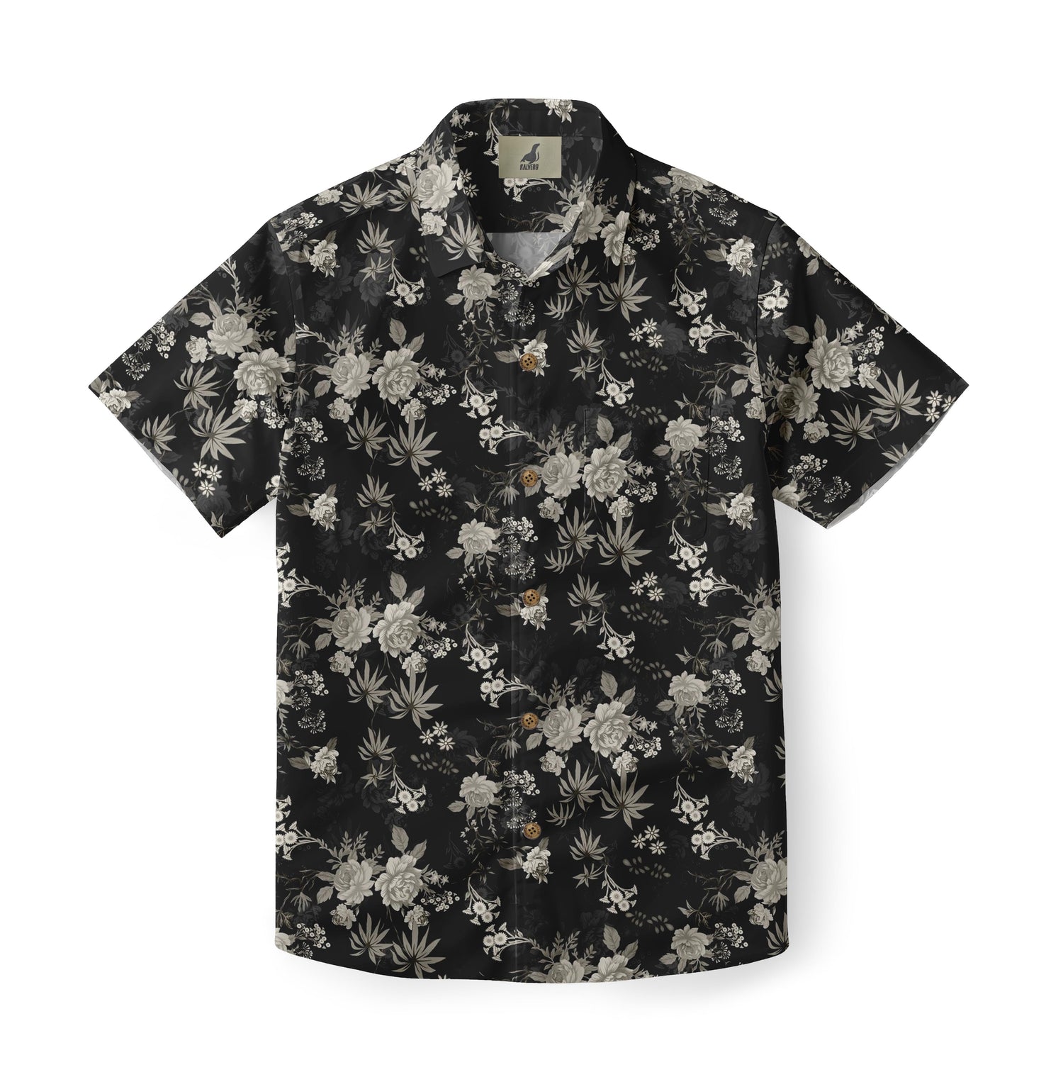 Black floral short-sleeve shirt with white and gray flowers.