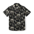 Black floral short-sleeve shirt with white and gray flowers.