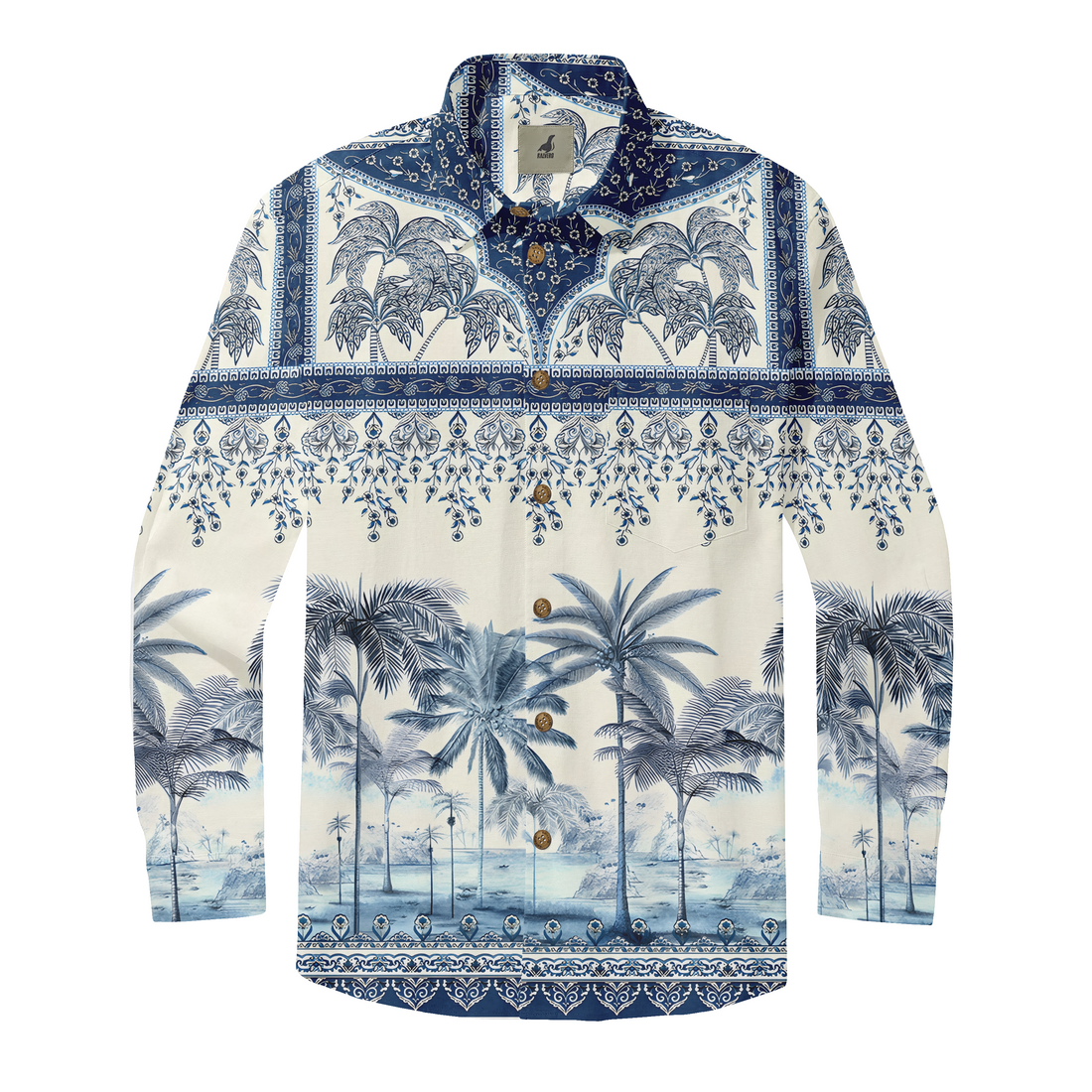 Blue and white tropical print long-sleeve shirt with palm trees.