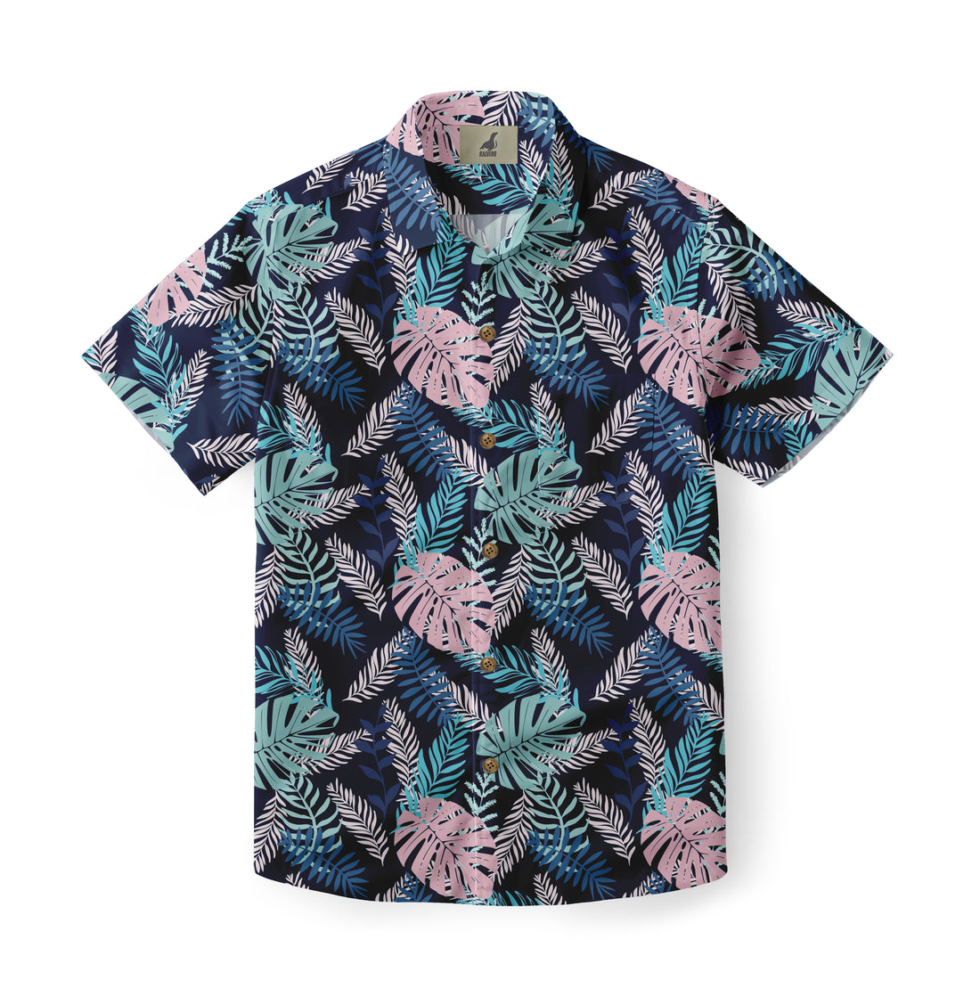 Dark blue shirt with pink and teal tropical leaf pattern.