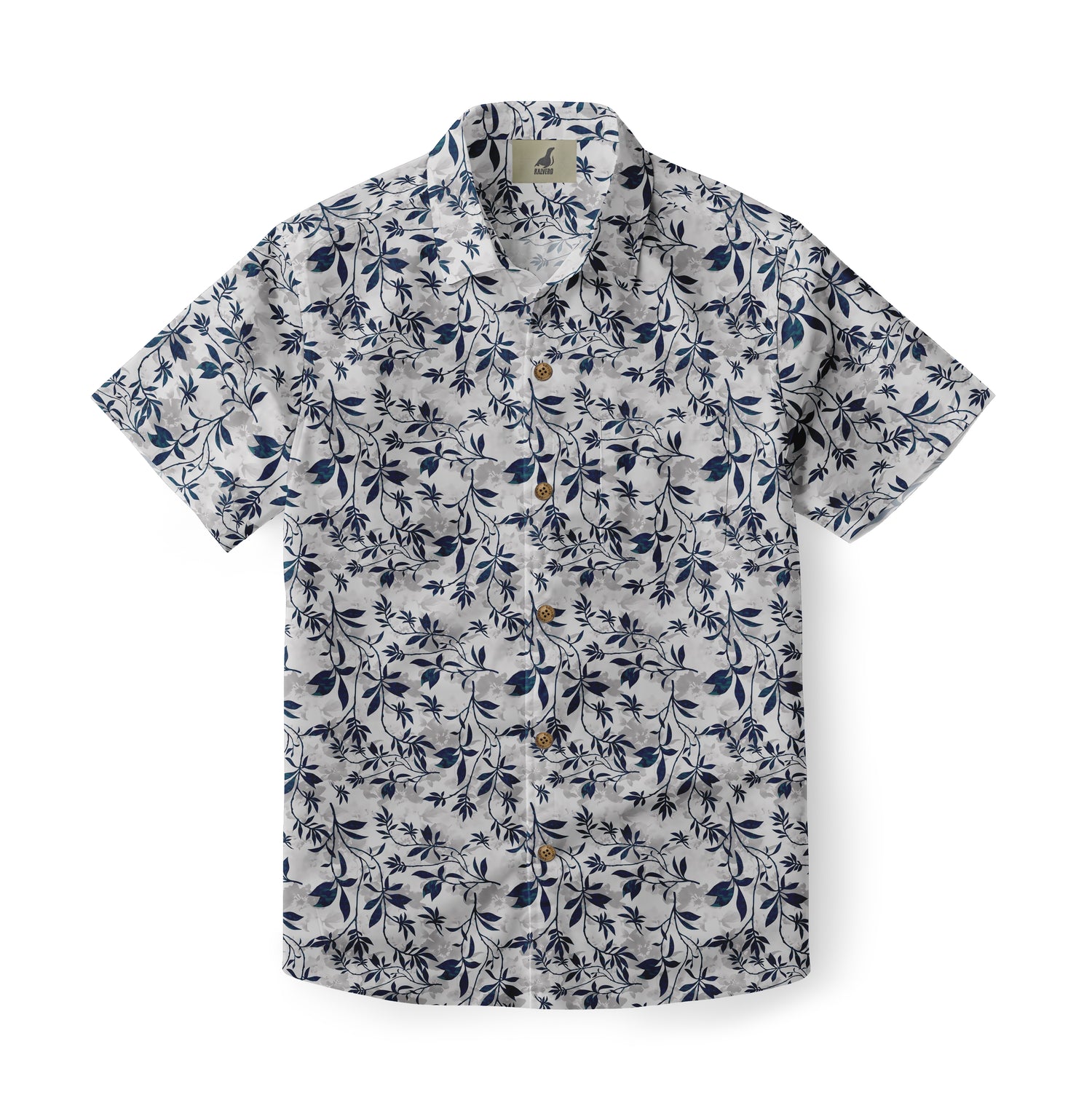 White shirt with navy floral pattern, short sleeves, button front.