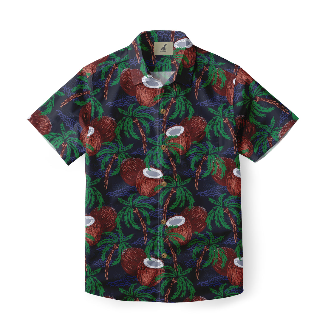 Dark blue shirt with coconut and palm tree print.