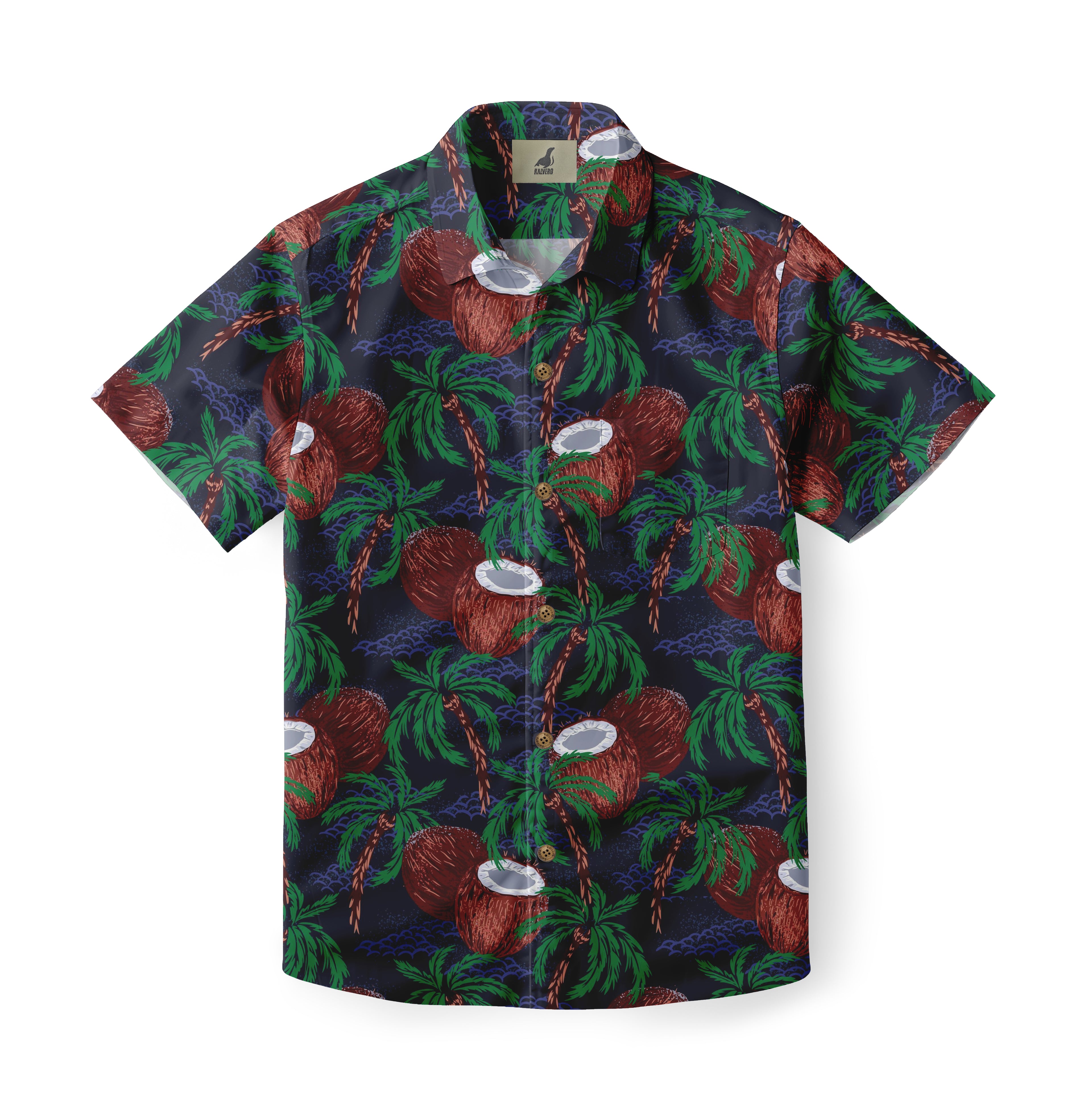 Dark blue shirt with coconut and palm tree print.
