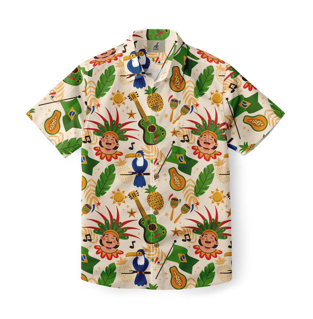 Colorful tropical shirt with parrots, guitars, and fruits.